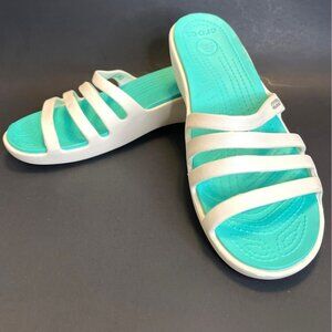 Women's Rhonda Crocs White Aqua Water Shoes Slide Sandals Wedge Heel Size 10